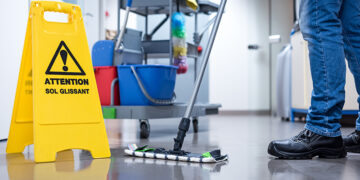 Worker janitor Mopping Floor In Office with trolley